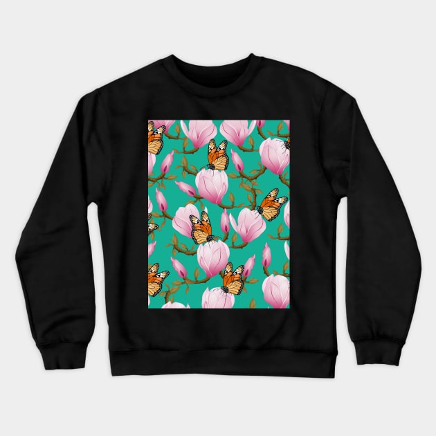 Magnolia Flowers With Butterflies Crewneck Sweatshirt by Designoholic